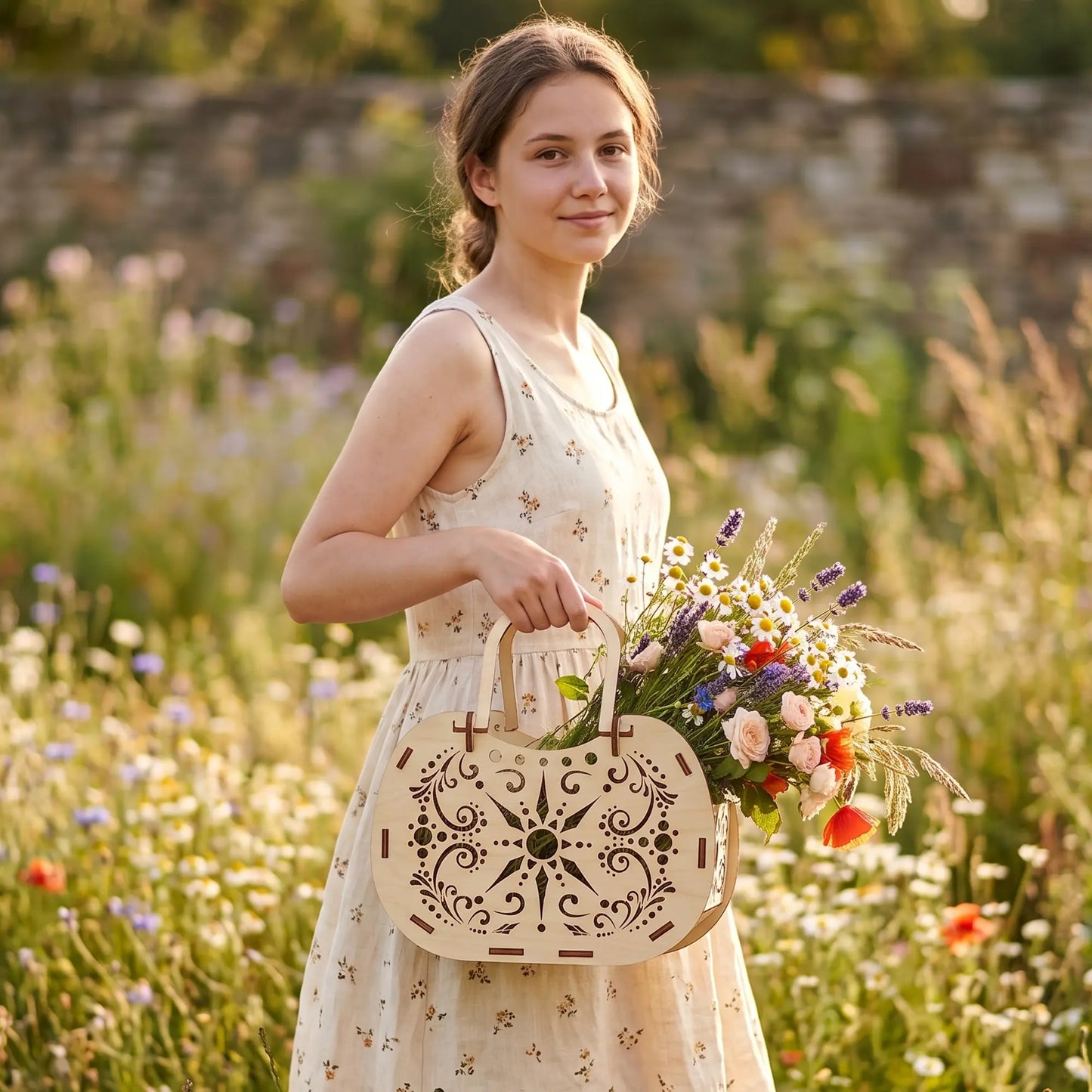 A smiling young woman holds a laser cut plywood flower basket filled with wild colorful blossoms in a sunny summer meadow.