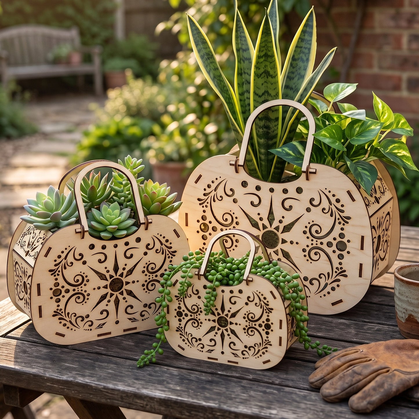 Three laser cut plywood baskets used as planters for succulents and green garden plants, sitting on a wooden bench.