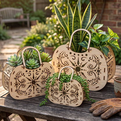 Three laser cut plywood baskets used as planters for succulents and green garden plants, sitting on a wooden bench.
