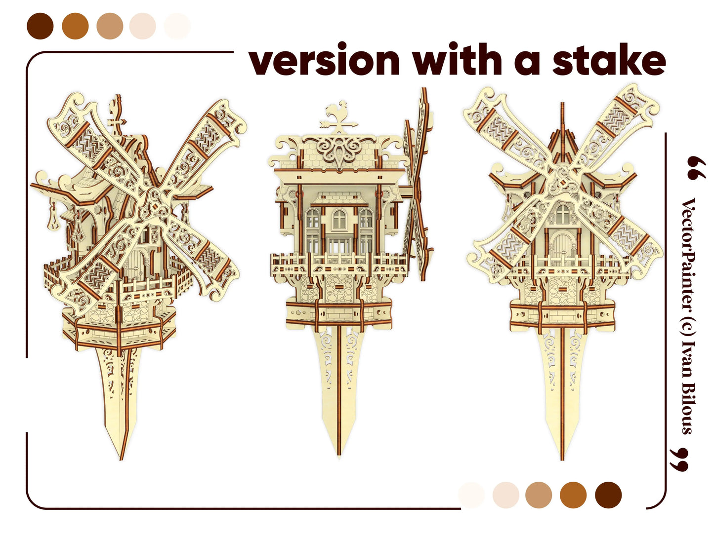 Three distinct vector views of a decorative miniature garden windmill version made with a laser cut plywood ground stake.