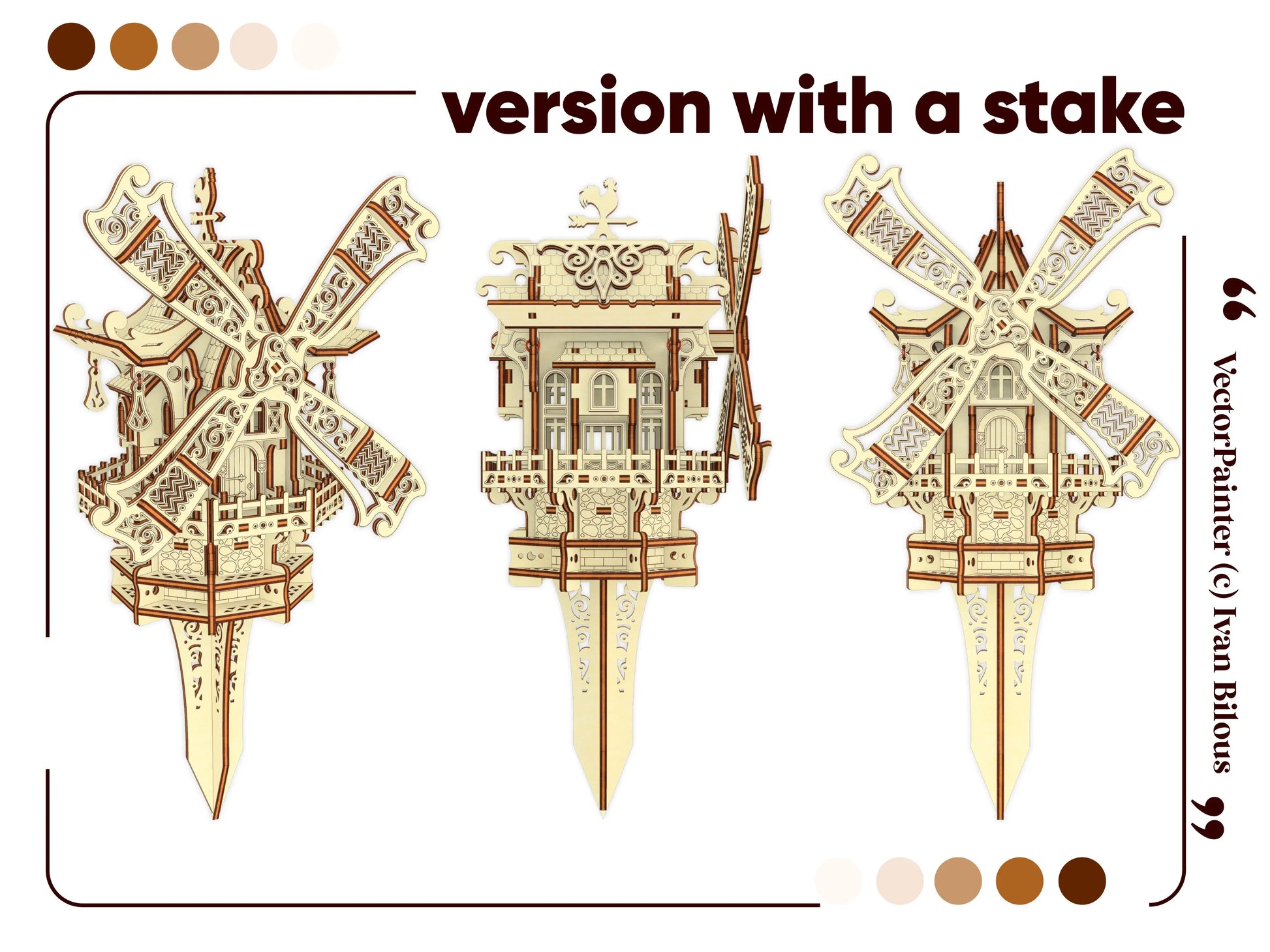Three distinct vector views of a decorative miniature garden windmill version made with a laser cut plywood ground stake.