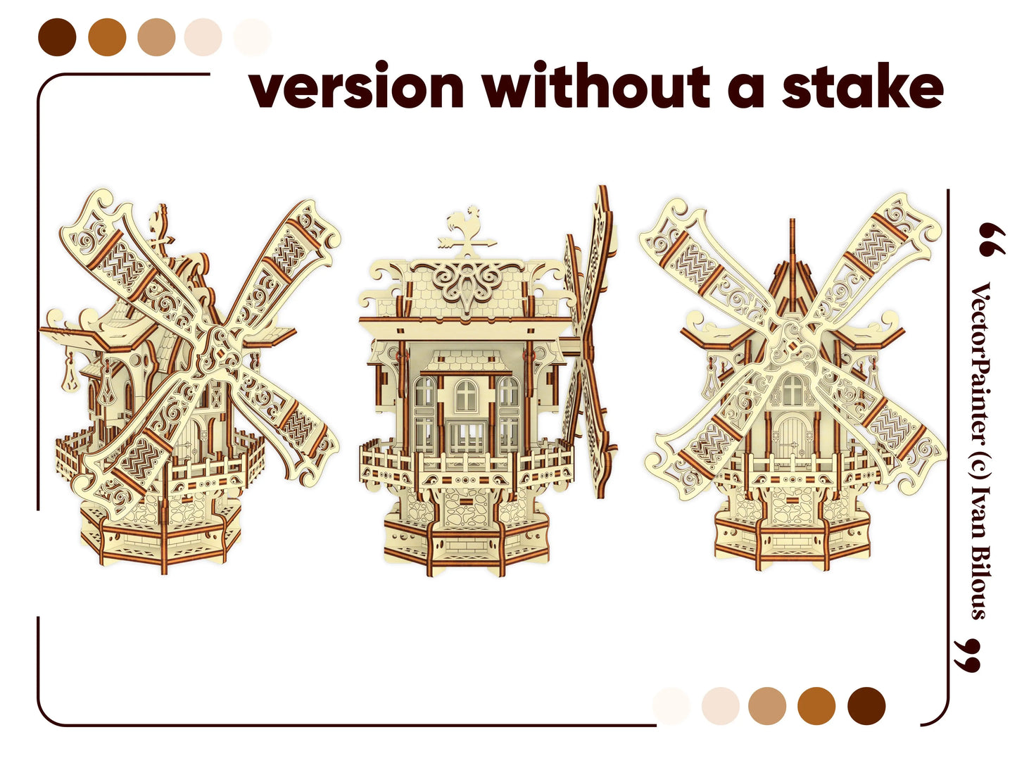 Three distinct vector views of a beautiful miniature garden windmill version made without a laser cut plywood ground stake.