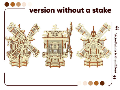 Three distinct vector views of a beautiful miniature garden windmill version made without a laser cut plywood ground stake.