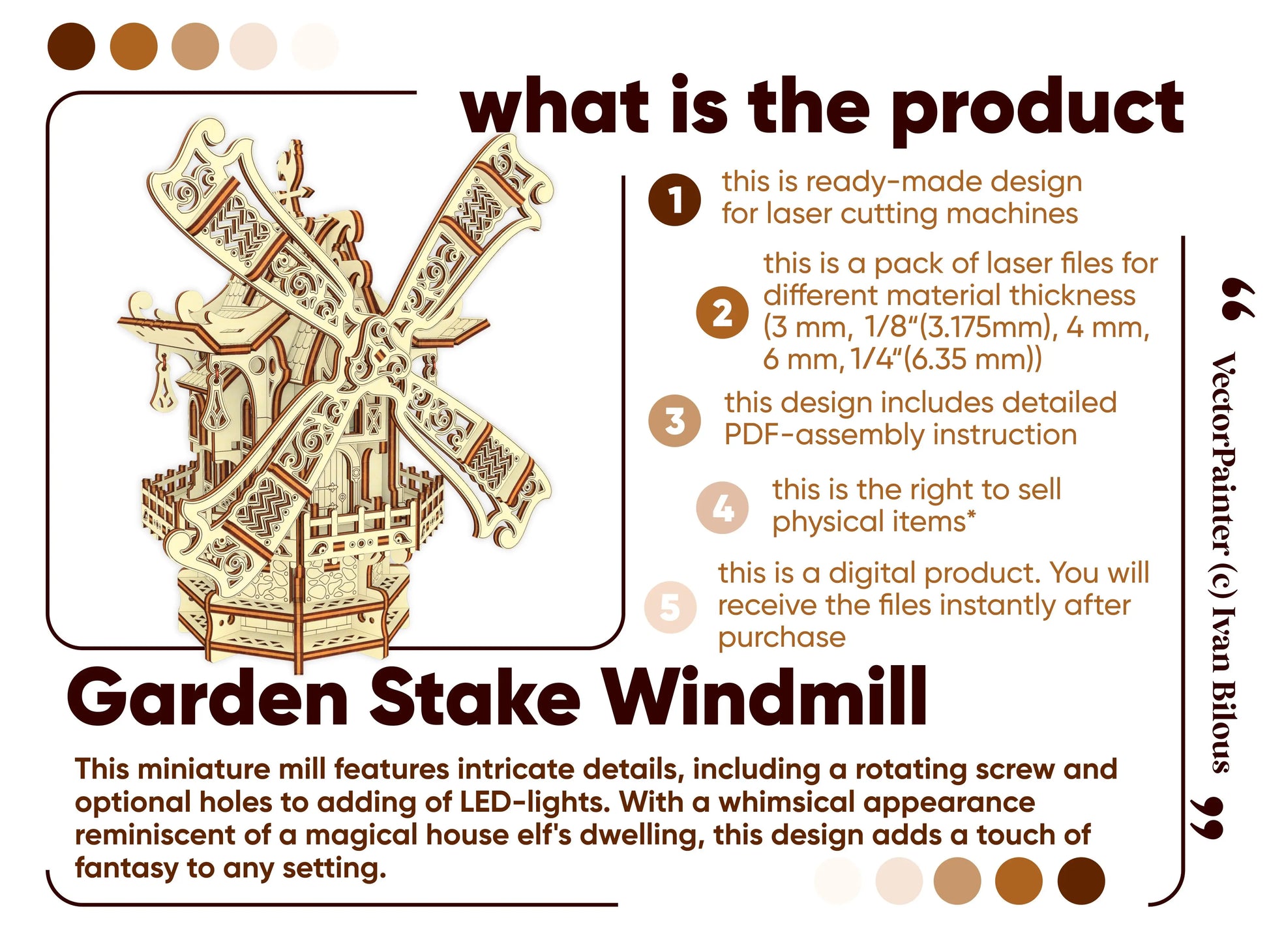 Marketing product info description infographic with a detailed features list for a 3D laser cut plywood garden windmill.