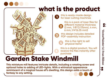 Marketing product info description infographic with a detailed features list for a 3D laser cut plywood garden windmill.