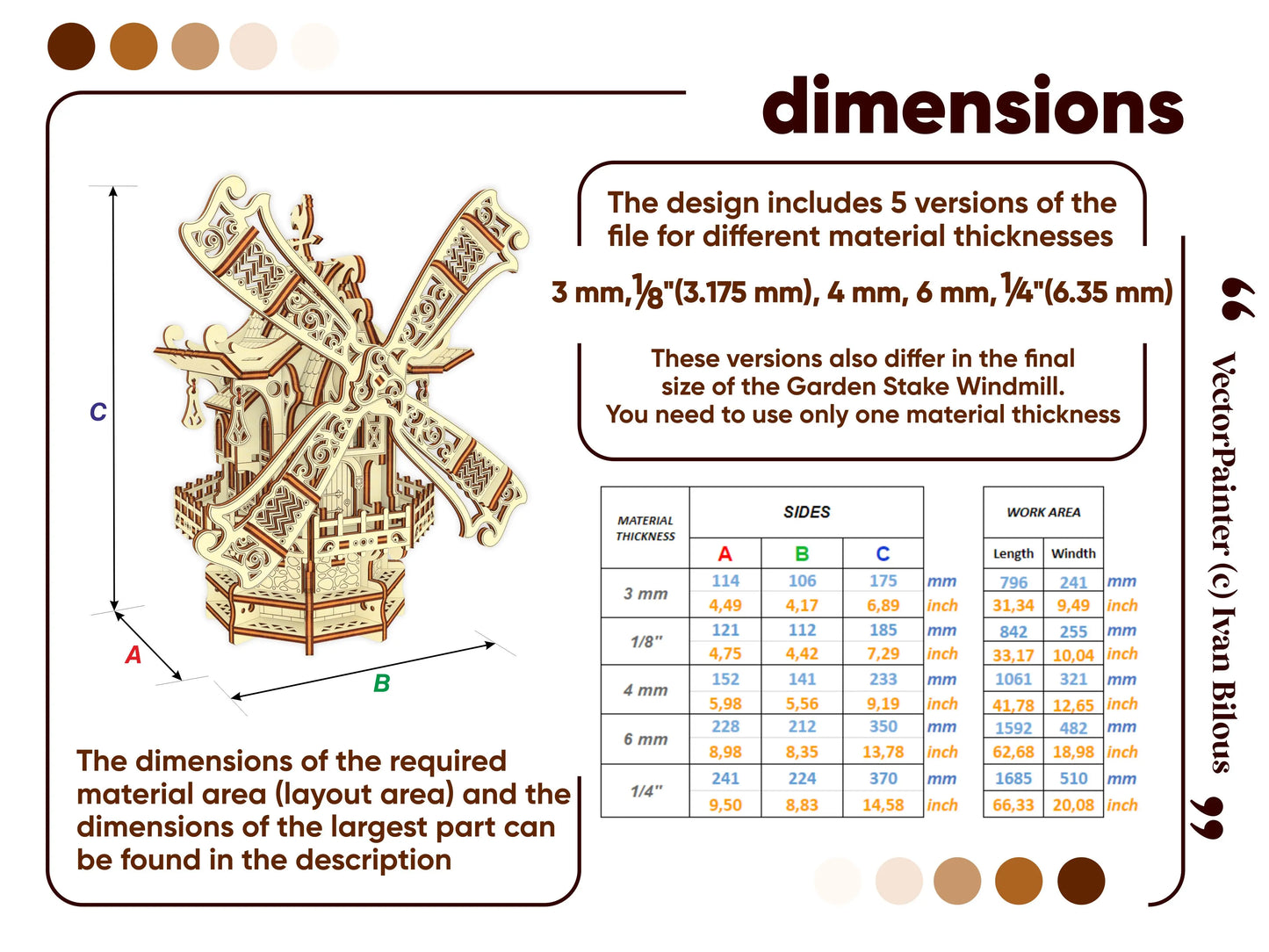 Official technical dimension guide infographic with a detailed size chart table for a 3D laser cut plywood garden windmill.