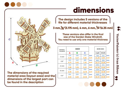 Official technical dimension guide infographic with a detailed size chart table for a 3D laser cut plywood garden windmill.