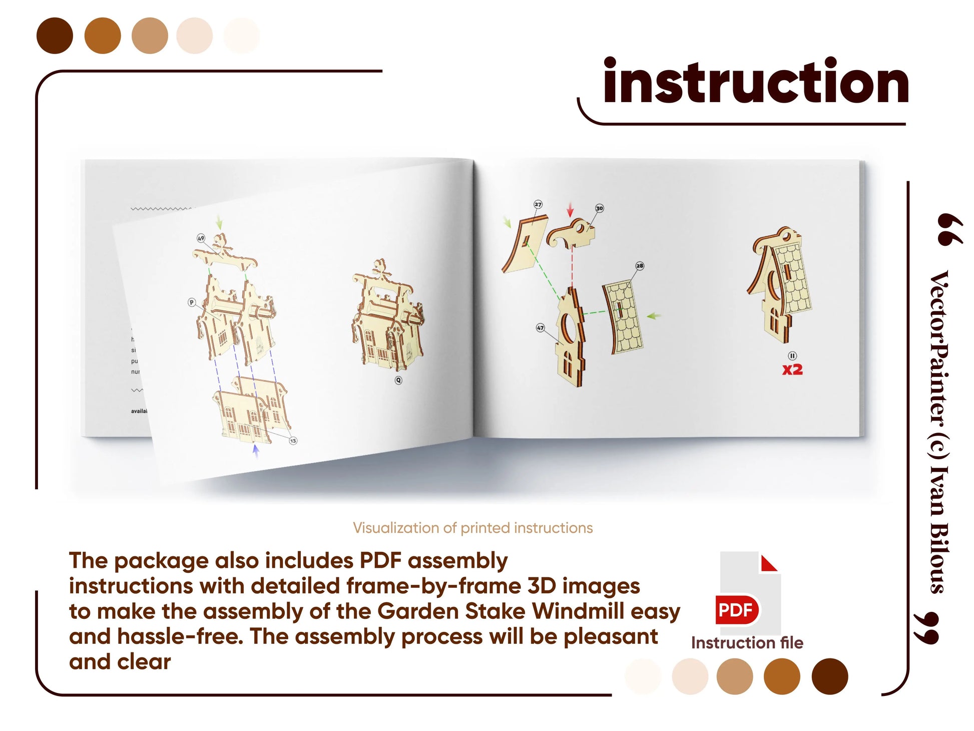 An open assembly instruction booklet showing detailed step-by-step 3D diagrams for a laser cut plywood garden windmill.