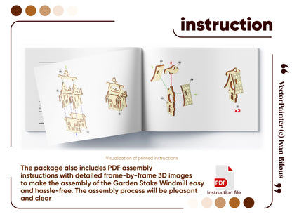 An open assembly instruction booklet showing detailed step-by-step 3D diagrams for a laser cut plywood garden windmill.
