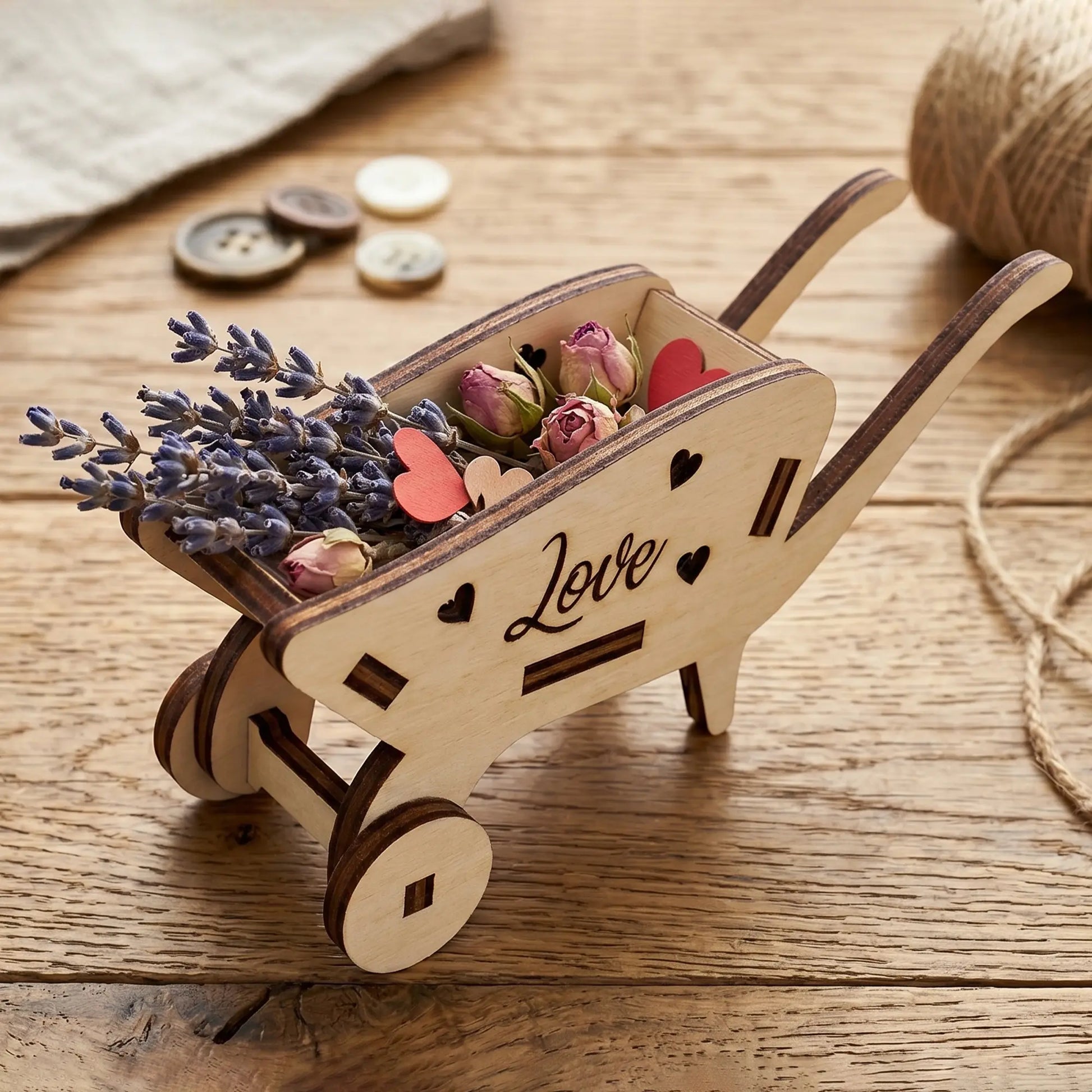 Miniature laser cut plywood wheelbarrow with "Love" engraving, filled with lavender and dried roses on a rustic wood table