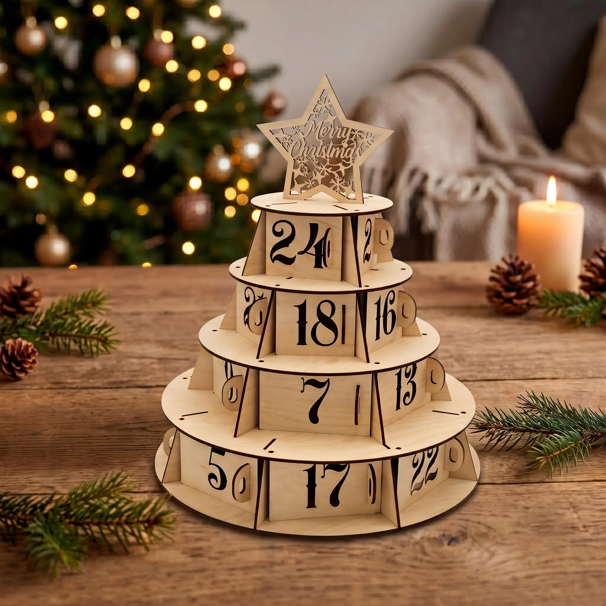 Natural laser cut plywood Christmas tree advent calendar on wooden table with candle, pinecones, and illuminated tree bokeh.