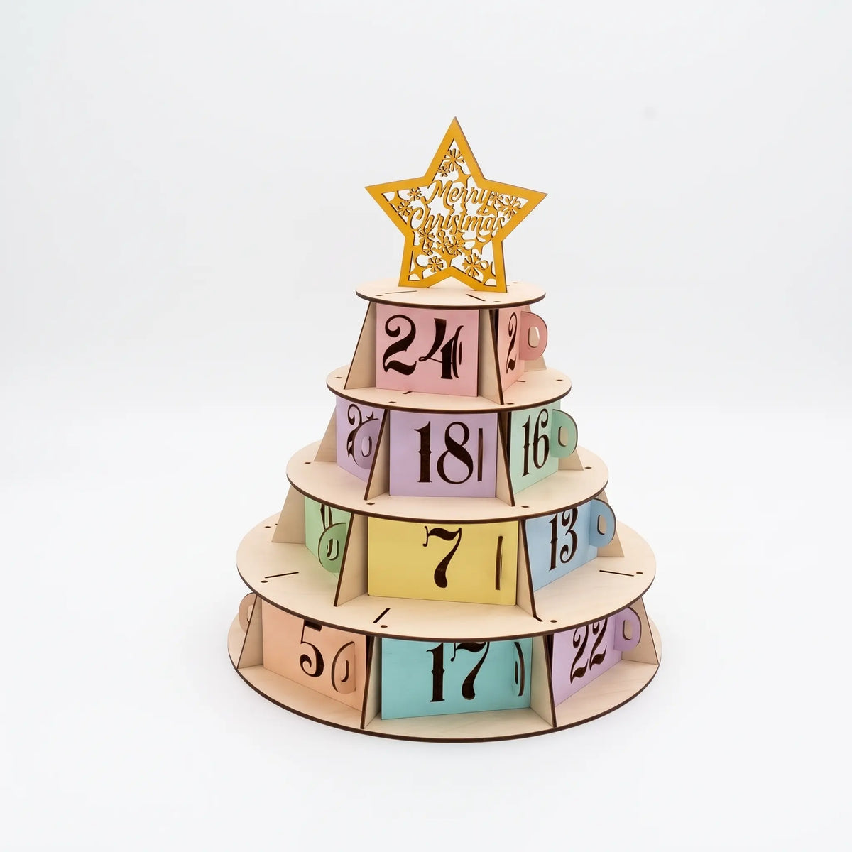 Pastel tiered laser cut plywood Christmas tree advent calendar with star topper and numbered doors on plain white background.