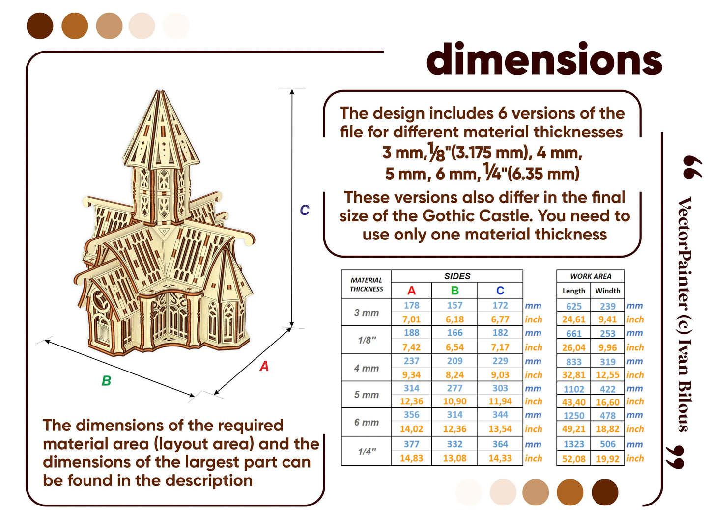 Measuring metrics infographic chart for a 3D gothic castle model kit optimized for laser cut plywood materials.