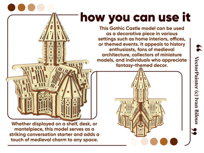 Home decor display ideas graphic featuring a decorative medieval shrine miniature made of laser cut plywood sheets.