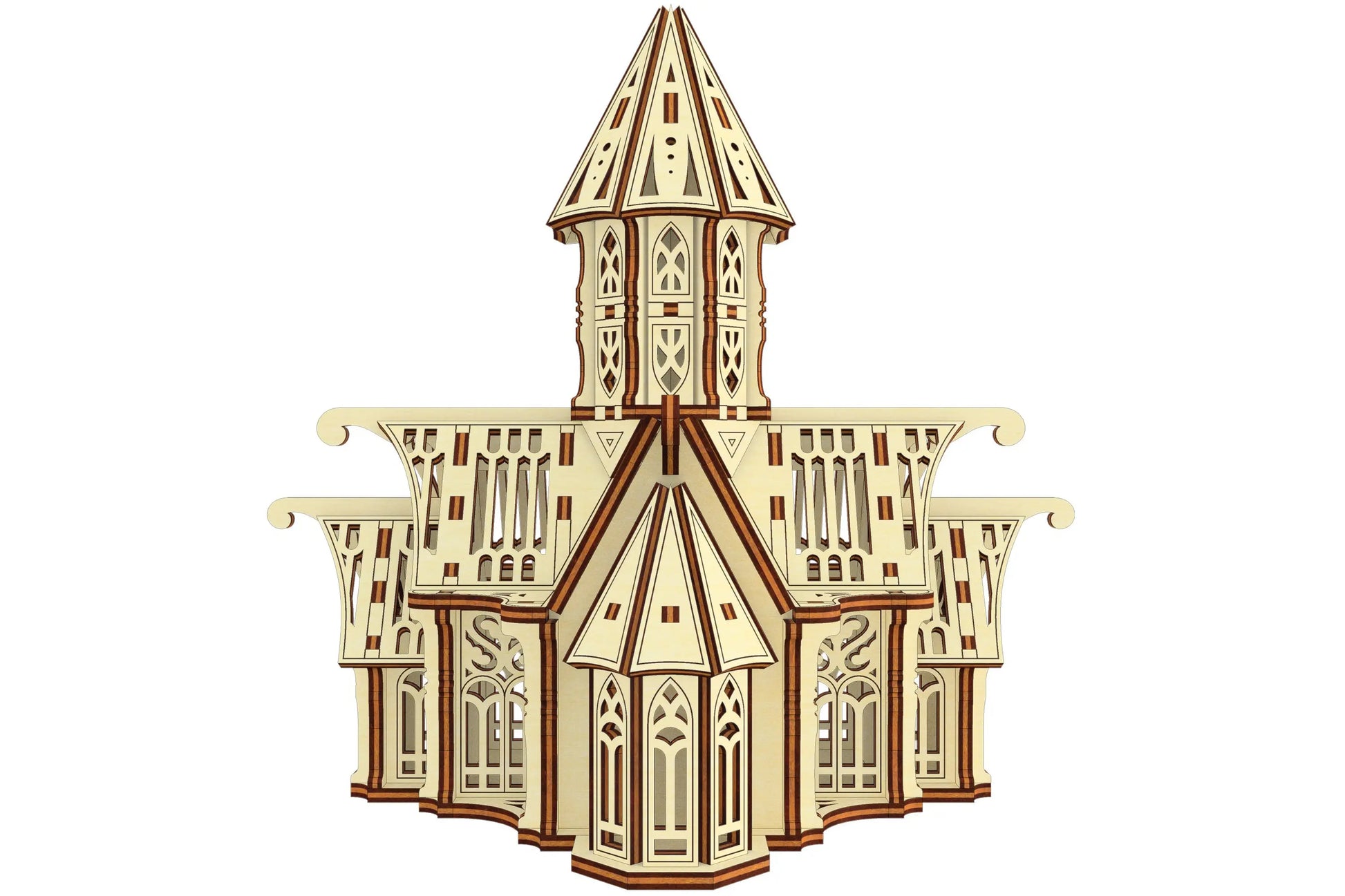Straight rear view of a multi-layered gothic monastery model showcasing fine details of laser cut plywood panels.