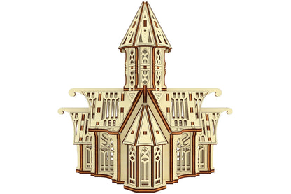 Straight rear view of a multi-layered gothic monastery model showcasing fine details of laser cut plywood panels.