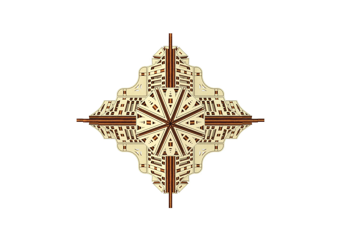 Direct top-down view of a symmetrical medieval fortress roof layout crafted from laser cut plywood puzzle pieces.