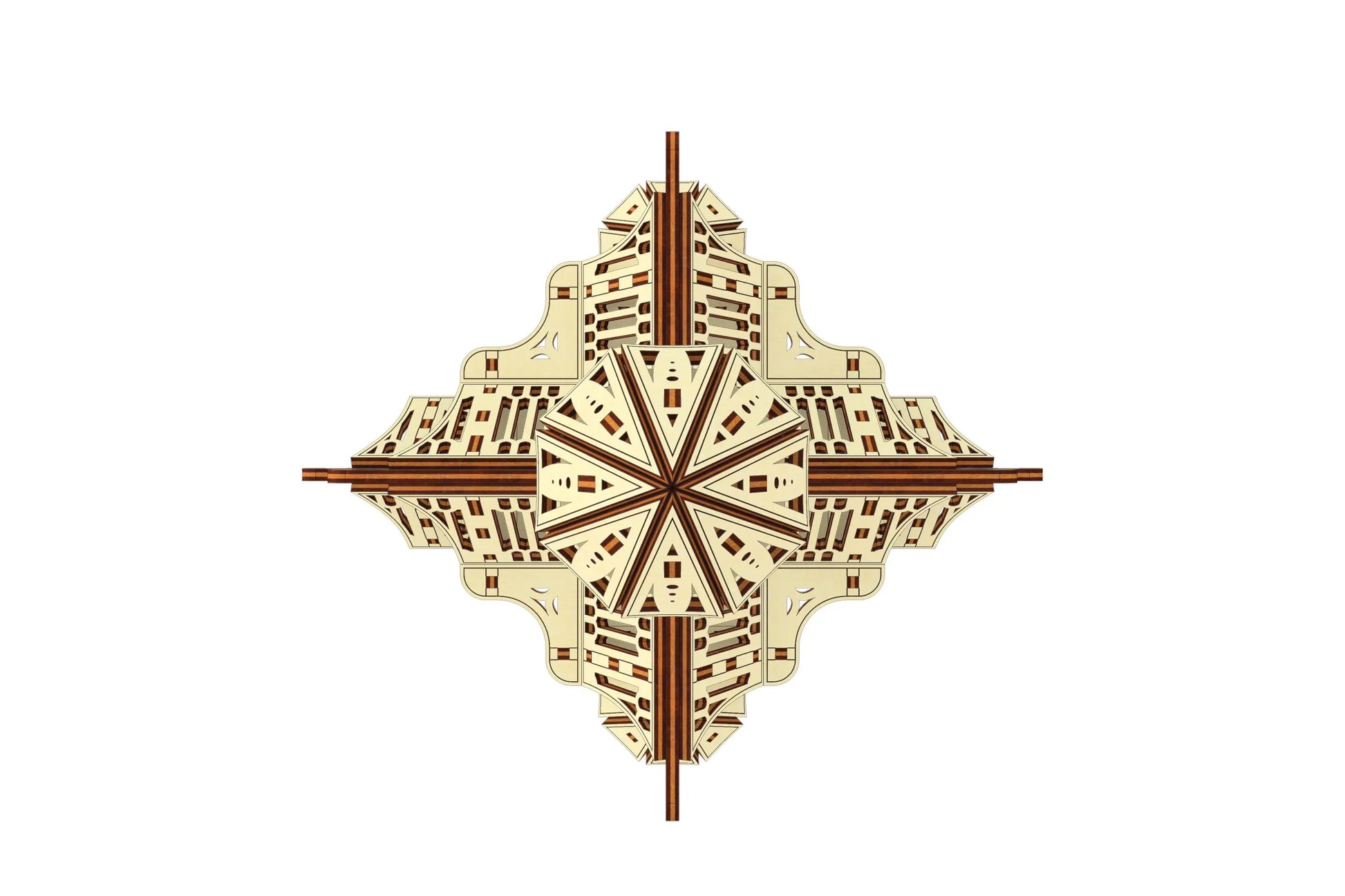 Direct top-down view of a symmetrical medieval fortress roof layout crafted from laser cut plywood puzzle pieces.