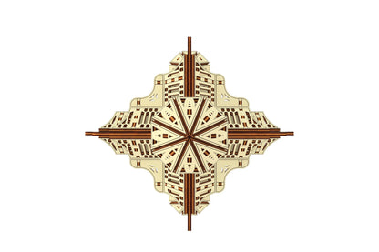 Direct top-down view of a symmetrical medieval fortress roof layout crafted from laser cut plywood puzzle pieces.