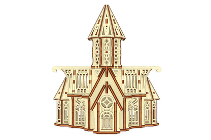 Symmetrical straight front view of a 3D architectural church model built from laser cut plywood sheet templates.