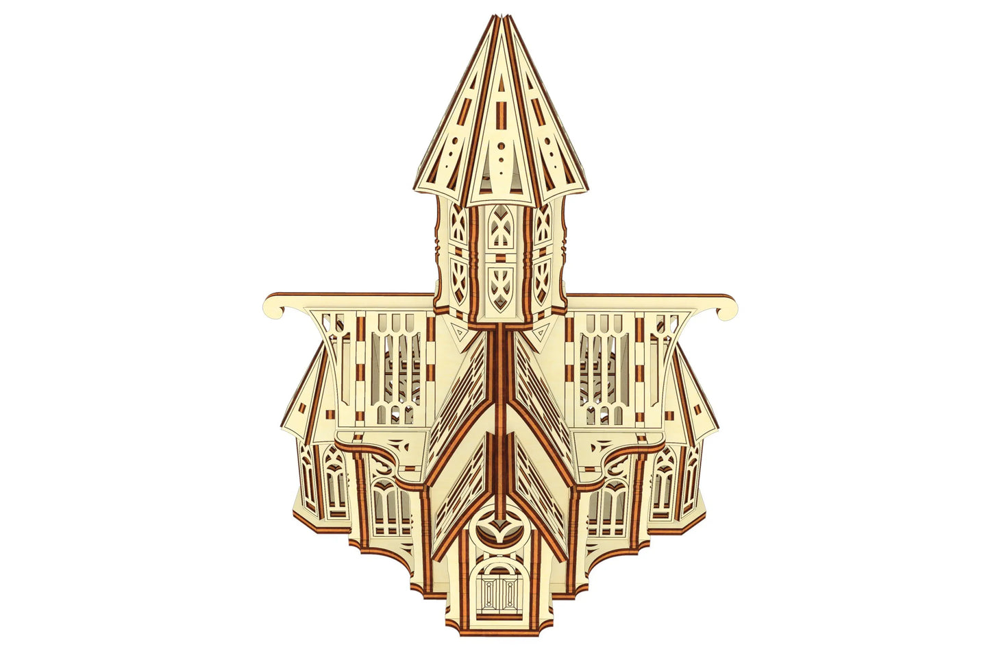 Lower angle front shot of an assembled gothic cathedral architecture model made of laser cut plywood, white background.