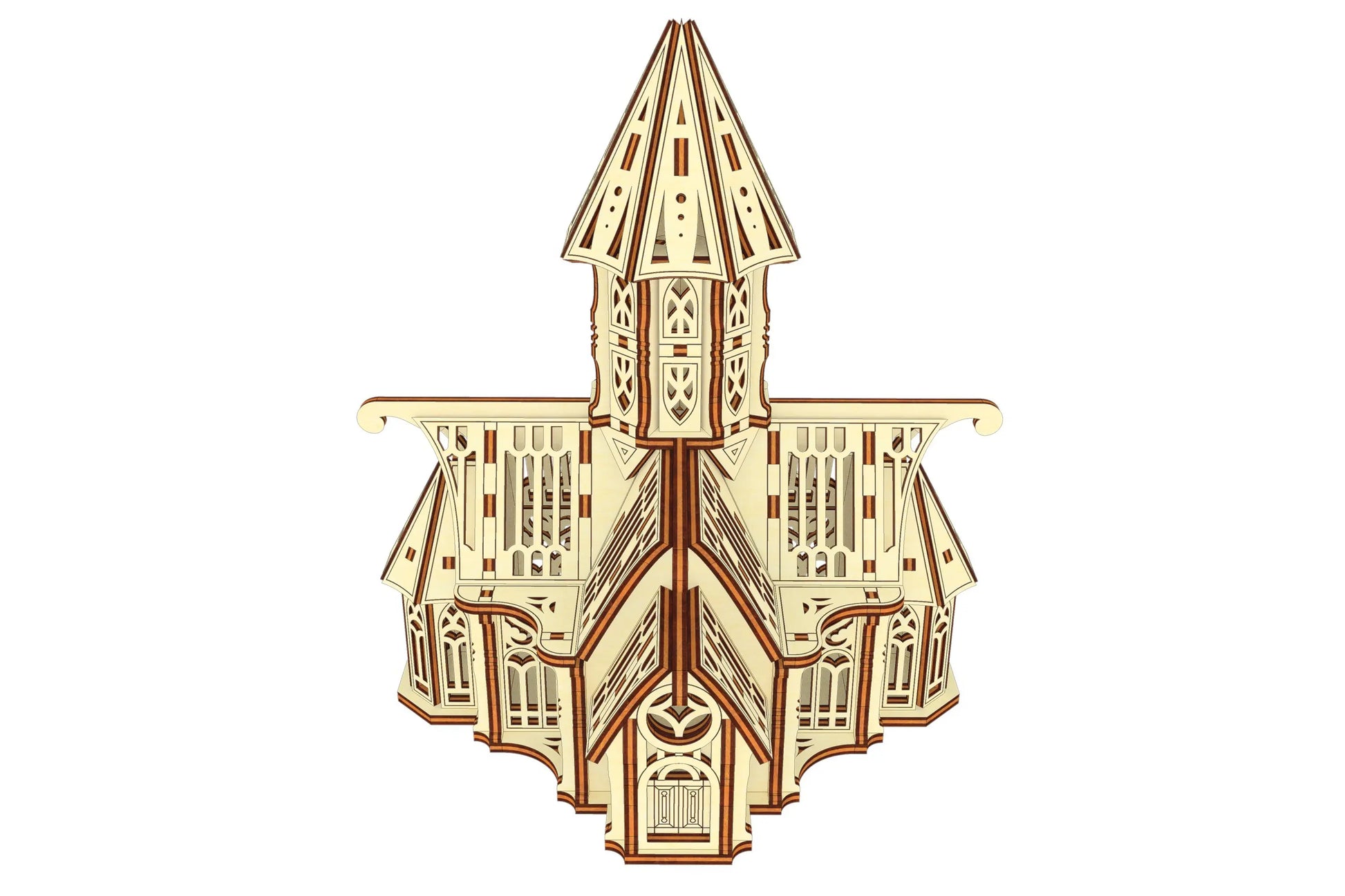 Lower angle front shot of an assembled gothic cathedral architecture model made of laser cut plywood, white background.