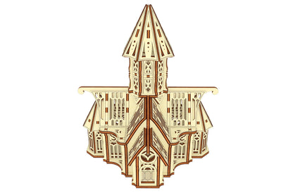 Lower angle front shot of an assembled gothic cathedral architecture model made of laser cut plywood, white background.