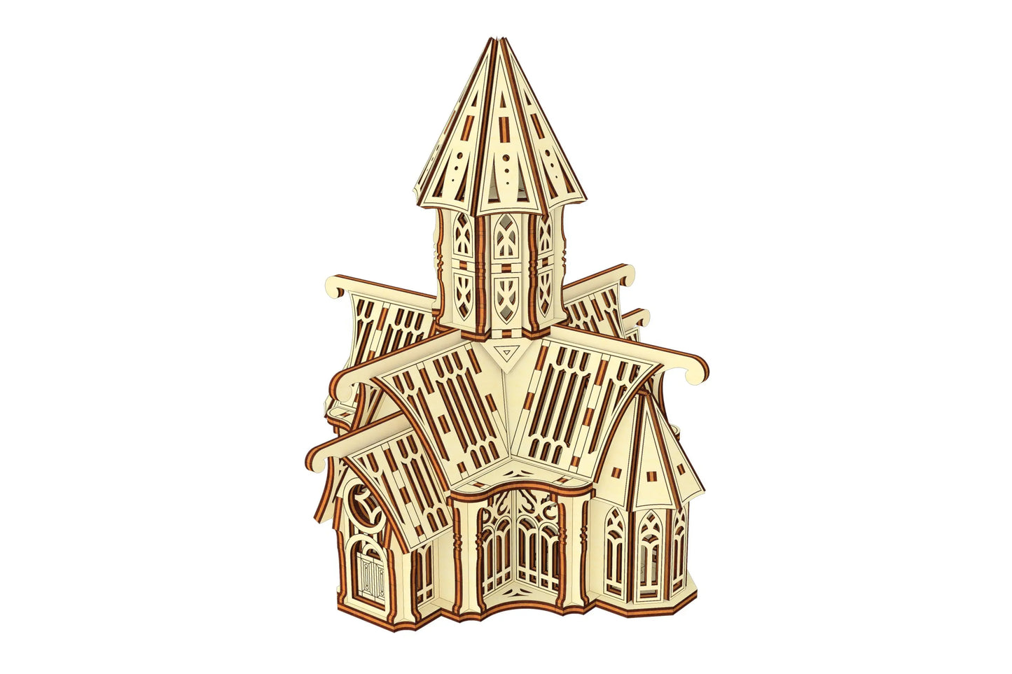 Three-quarter studio view of an intricate medieval palace puzzle kit made of laser cut plywood on clean background.