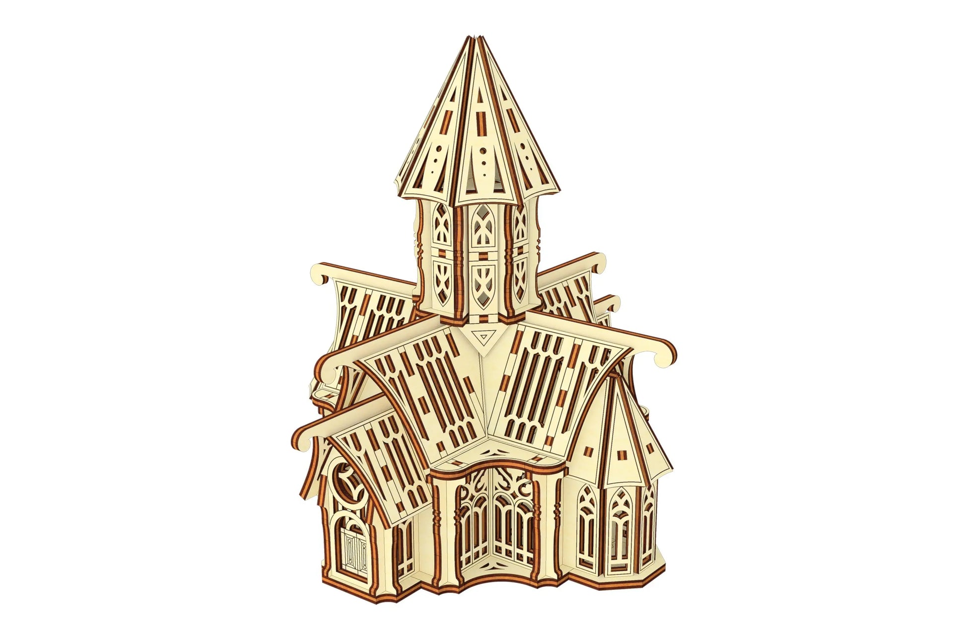 Three-quarter studio view of an intricate medieval palace puzzle kit made of laser cut plywood on clean background.