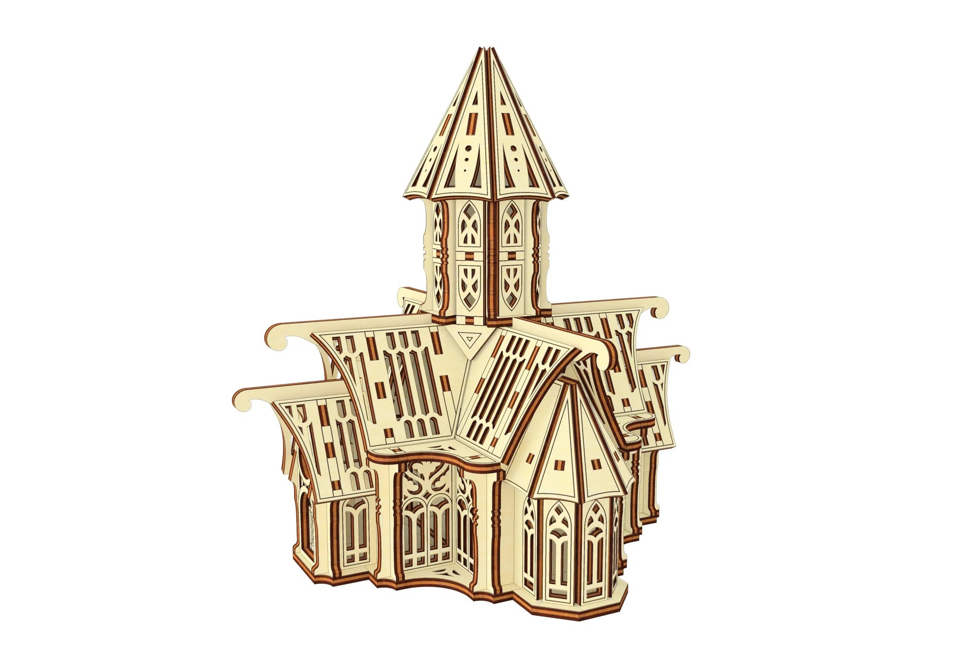 Three-quarter side view of a 3D medieval church model crafted from laser cut plywood panels on a clean white background.