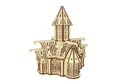 Three-quarter side view of a 3D medieval church model crafted from laser cut plywood panels on a clean white background.
