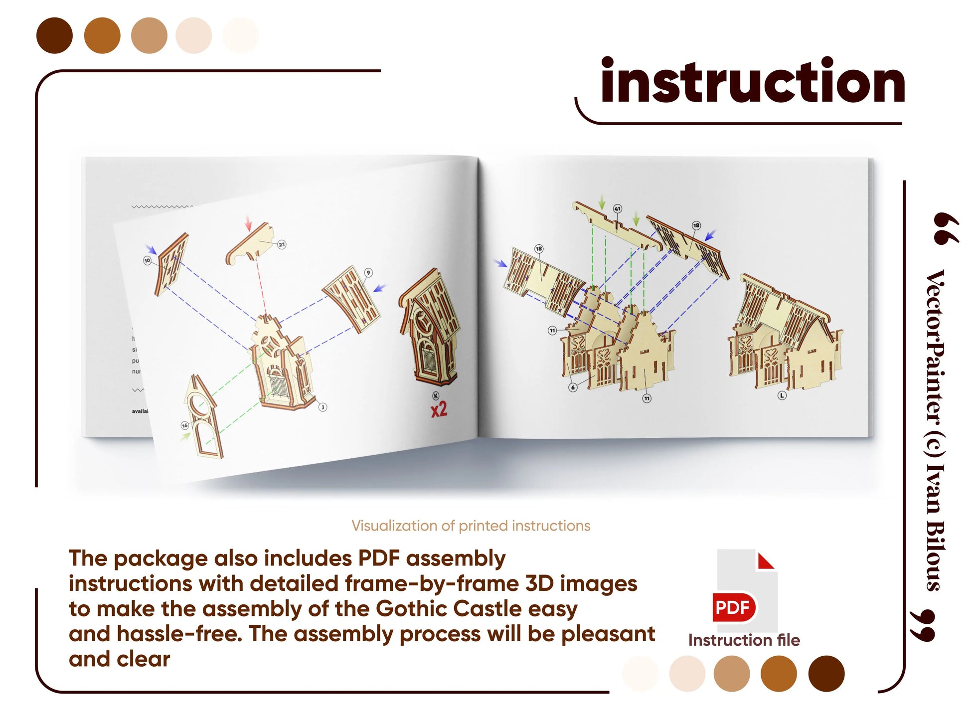 Manual guide book page showing detailed 3D step-by-step assembly diagrams for a laser cut plywood medieval castle.