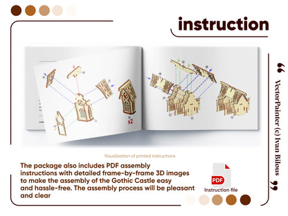 Manual guide book page showing detailed 3D step-by-step assembly diagrams for a laser cut plywood medieval castle.