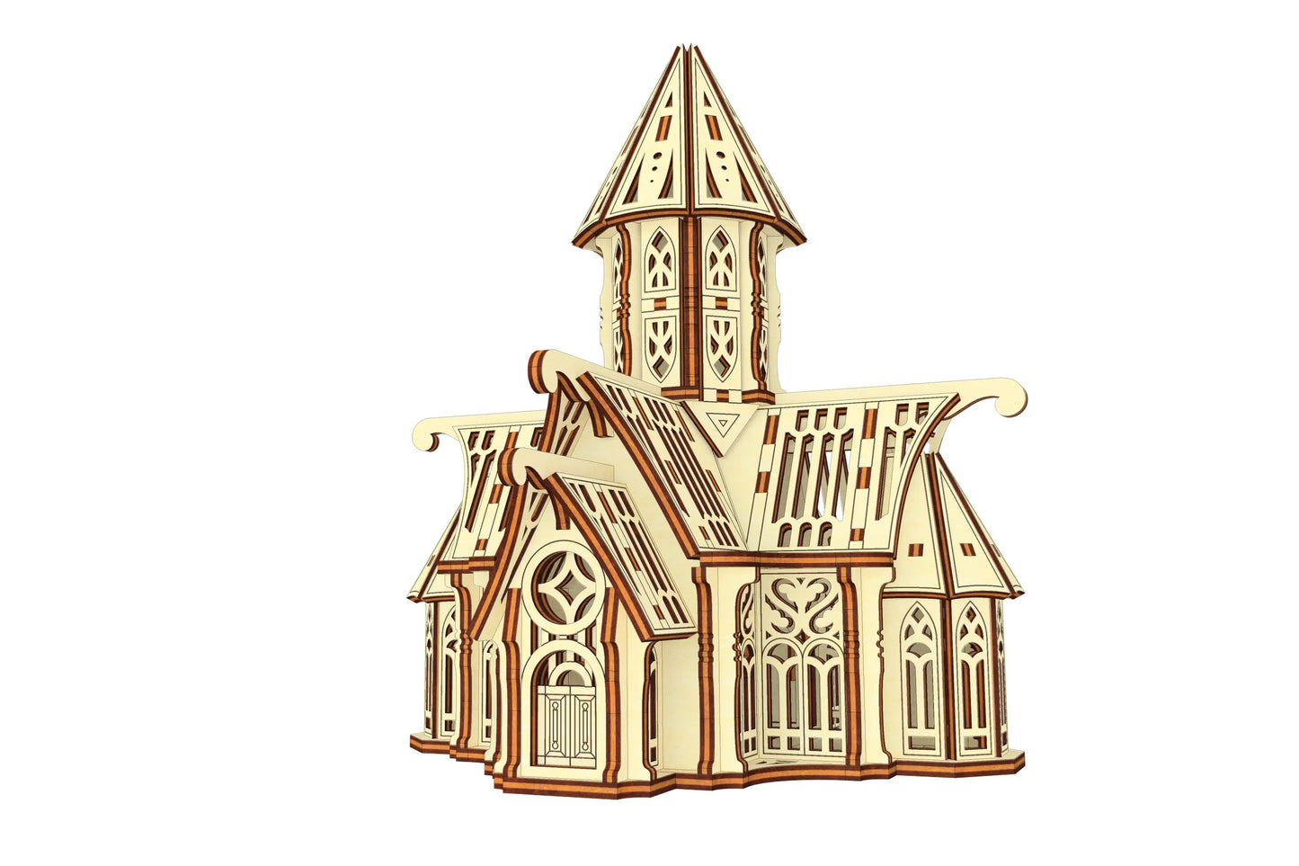 Low-angle front perspective of a gothic cathedral model kit made of laser cut plywood, showcasing ornate arch doorways.