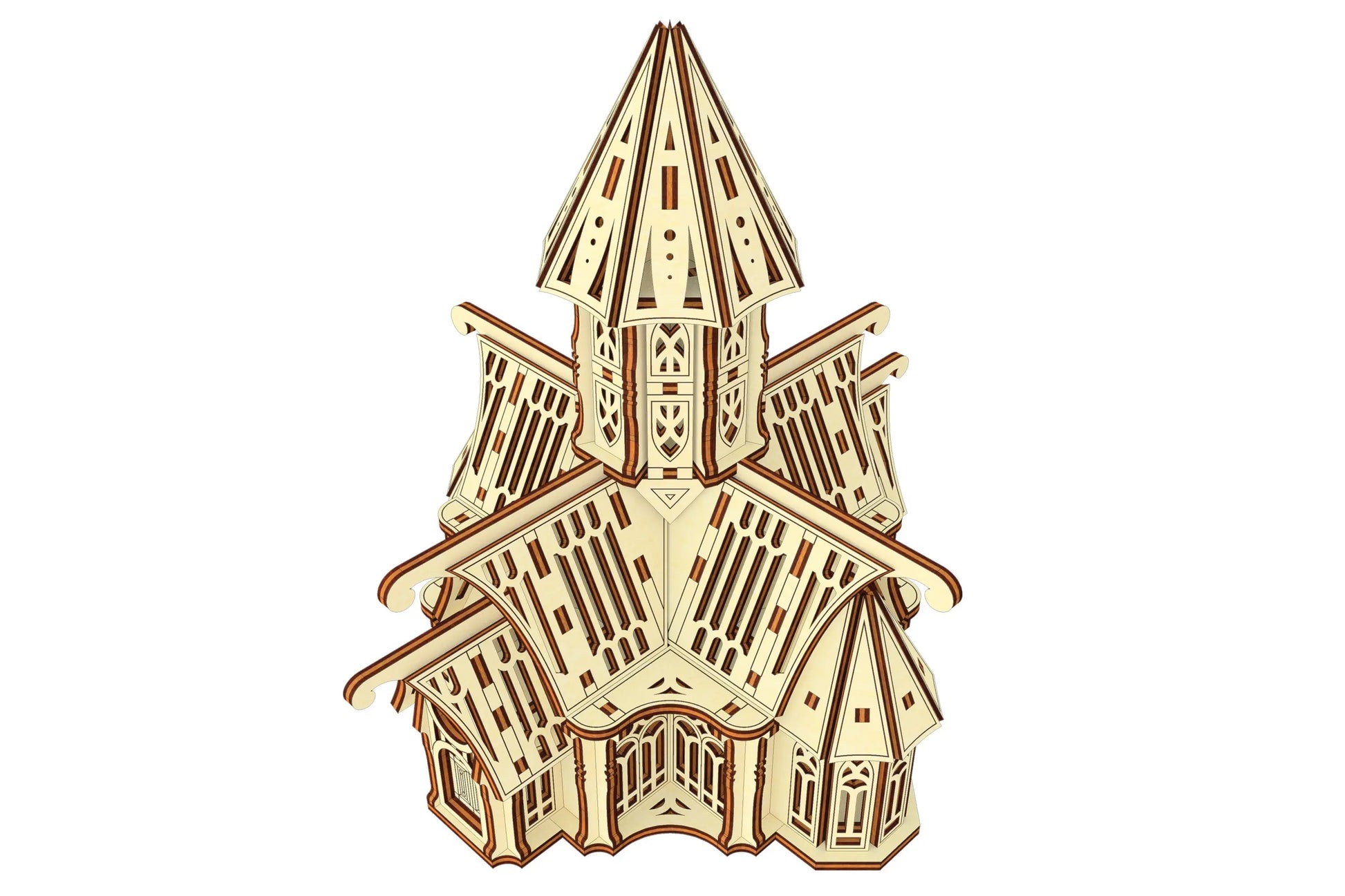 High-angle look of a defensive gothic stronghold miniature with tall spires made from laser cut plywood elements.