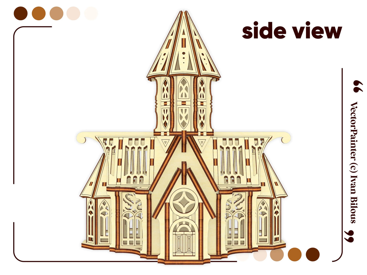 Symmetrical front view graphic of a gothic castle made of laser cut plywood with a towering spire, listed on Etsy.