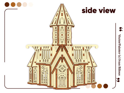 Symmetrical front view graphic of a gothic castle made of laser cut plywood with a towering spire, listed on Etsy.
