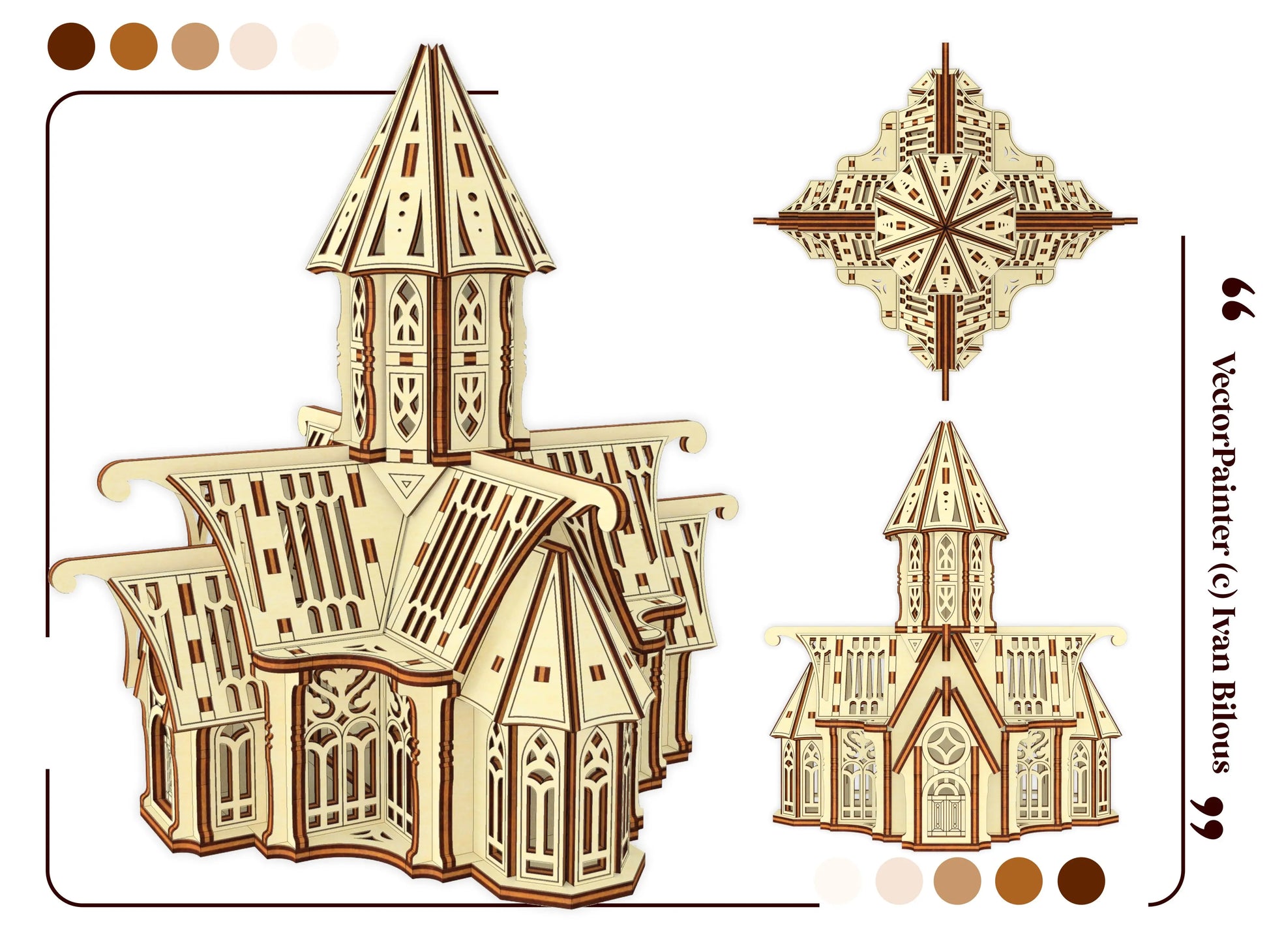Listing graphic showing three different viewing angles of an intricate 3D medieval church model of laser cut plywood.