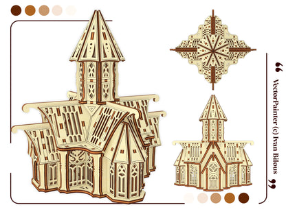 Listing graphic showing three different viewing angles of an intricate 3D medieval church model of laser cut plywood.