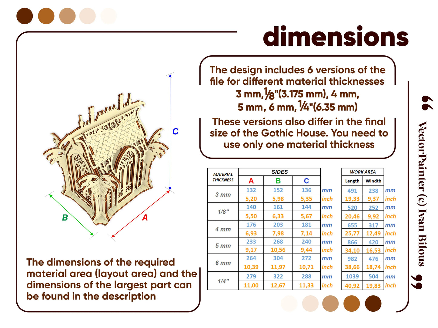 Technical dimension guide infographic layout with a detailed size chart table for a 3D laser cut plywood house.