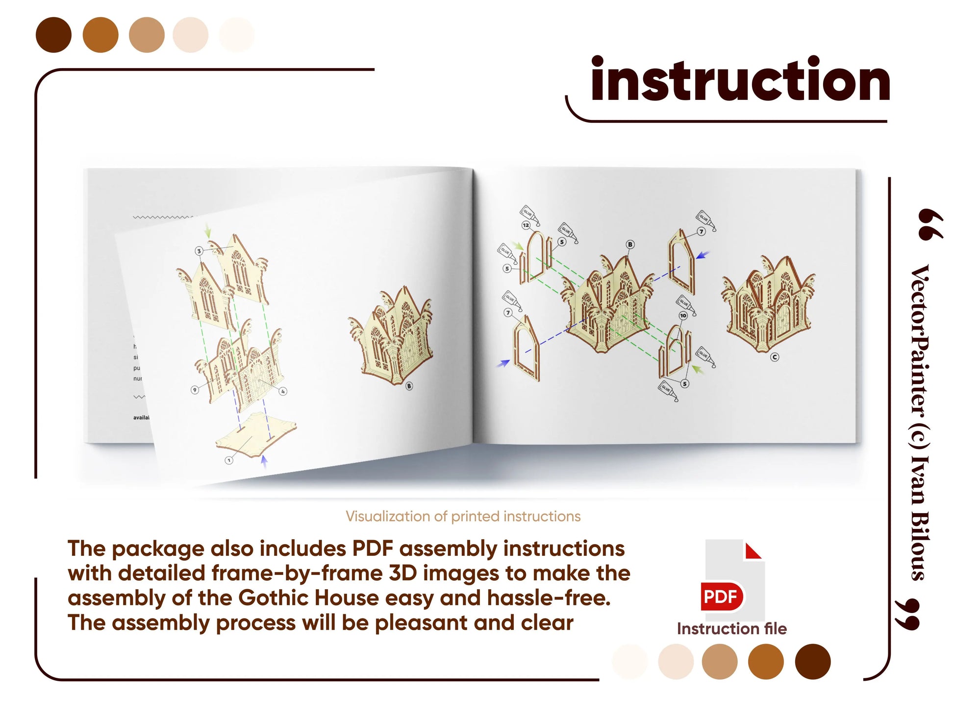 An open assembly instruction manual booklet featuring detailed step-by-step 3D diagrams for a gothic laser cut plywood house.