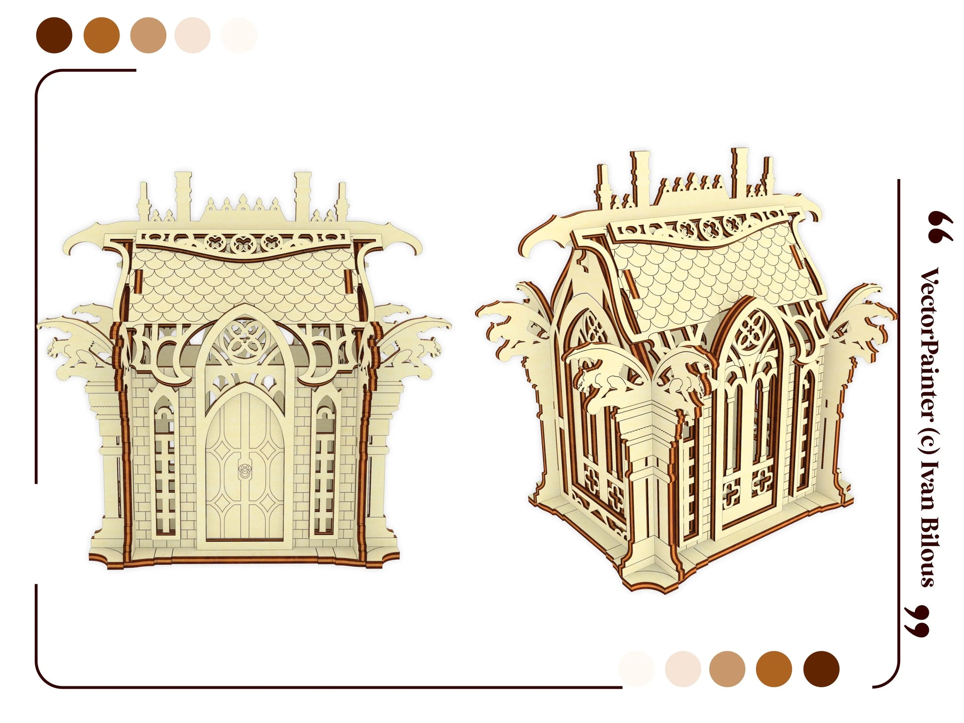two distinct vector perspective views of a gothic house in laser cut plywood.
