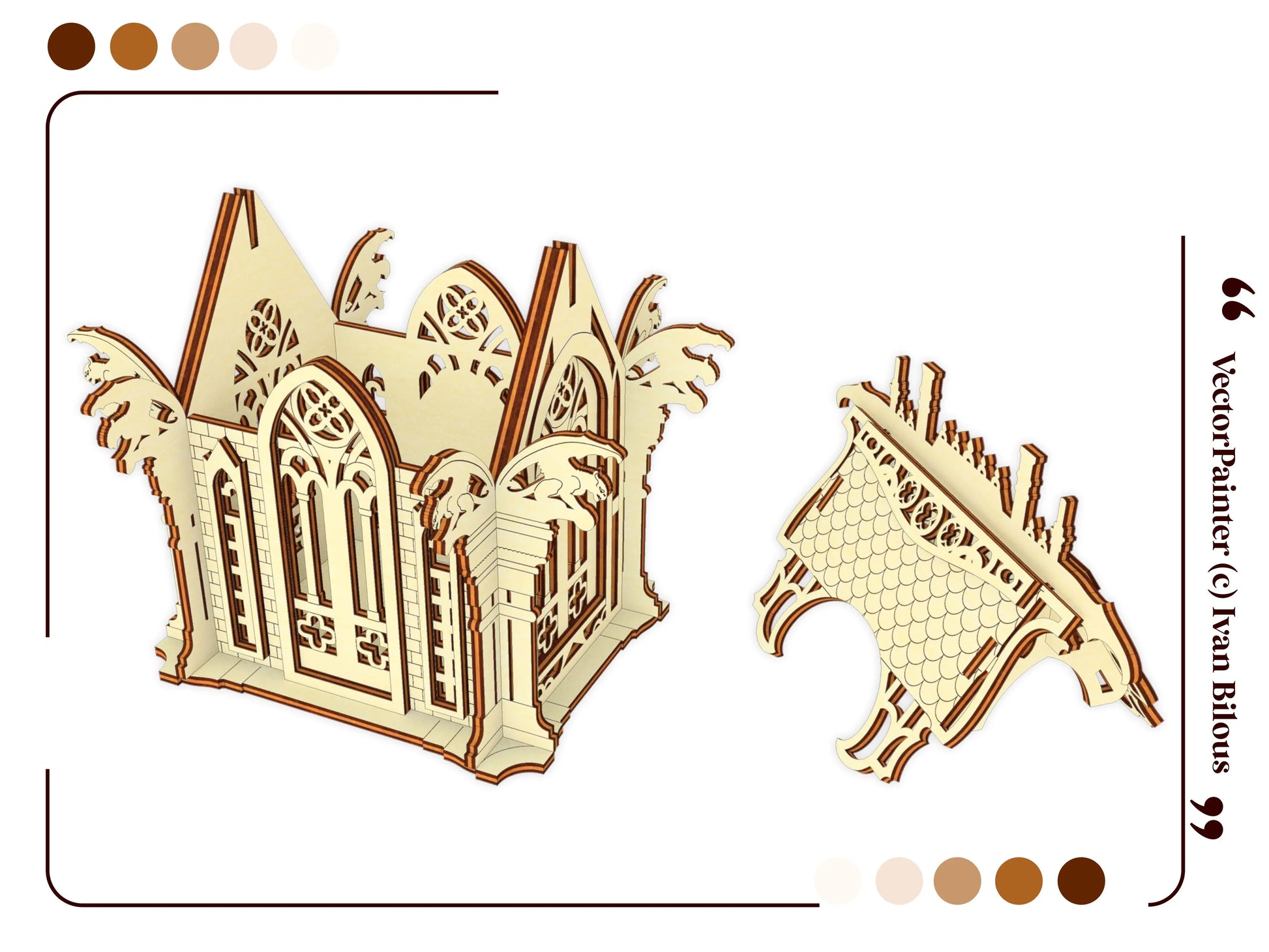 An assembled gothic house box base with a detached roof piece in laser cut plywood.