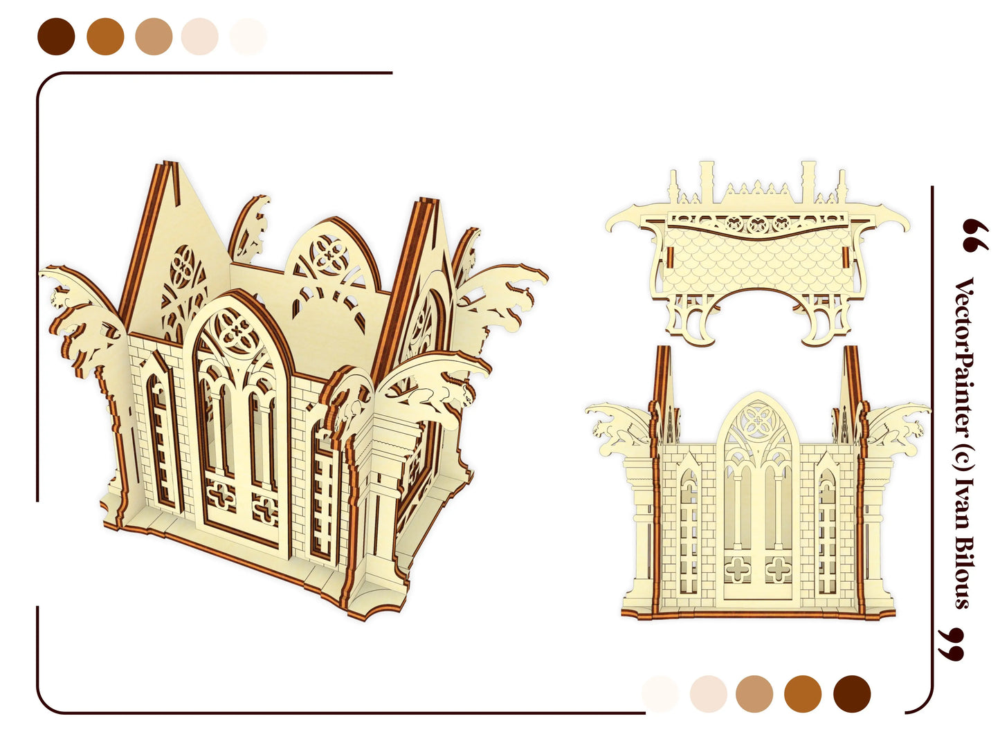 The assembled gothic crypt box from multiple flat laser cut plywood angles.