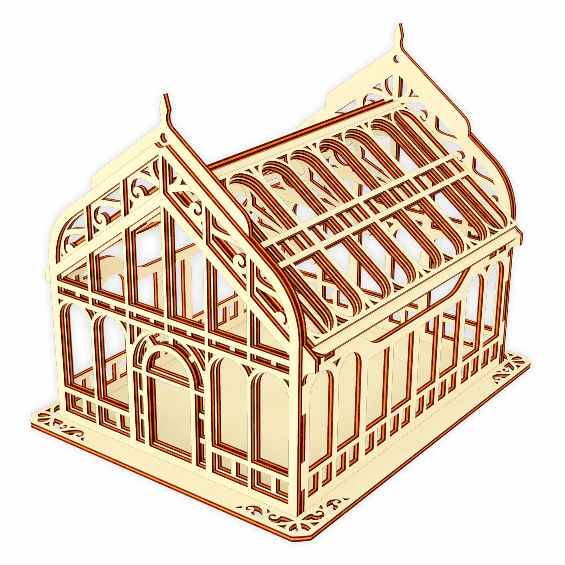 3D digital model render of a miniature Victorian greenhouse box made from light-colored laser cut plywood.