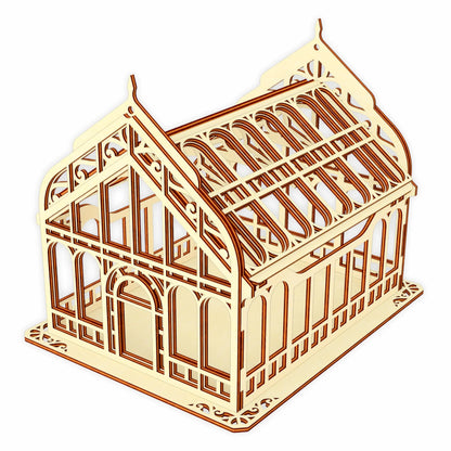 3D digital model render of a miniature Victorian greenhouse box made from light-colored laser cut plywood.