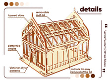 Load image into Gallery viewer, The intricate laser cut details of the miniature greenhouse, featuring a removable lid and multiple layers of intricate Victorian-style patterns, ready made project with instructions and multiple file formats (SVG, DXF, CDR, AI) for laser cutting
