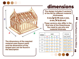 Dimensions and measurements of the laser cut greenhouse design, including the height, width, and depth, suitable for growing microgreens or storing small items, ready made project with multiple file formats (SVG, DXF, CDR, AI) for laser cutting