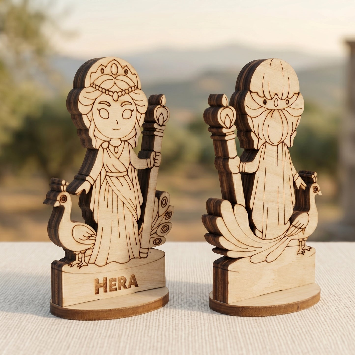 Macro shot of a laser cut plywood Hera goddess figurine held in hand. Shows detailed engraved crown and wood grain texture