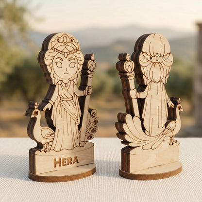 Macro shot of a laser cut plywood Hera goddess figurine held in hand. Shows detailed engraved crown and wood grain texture